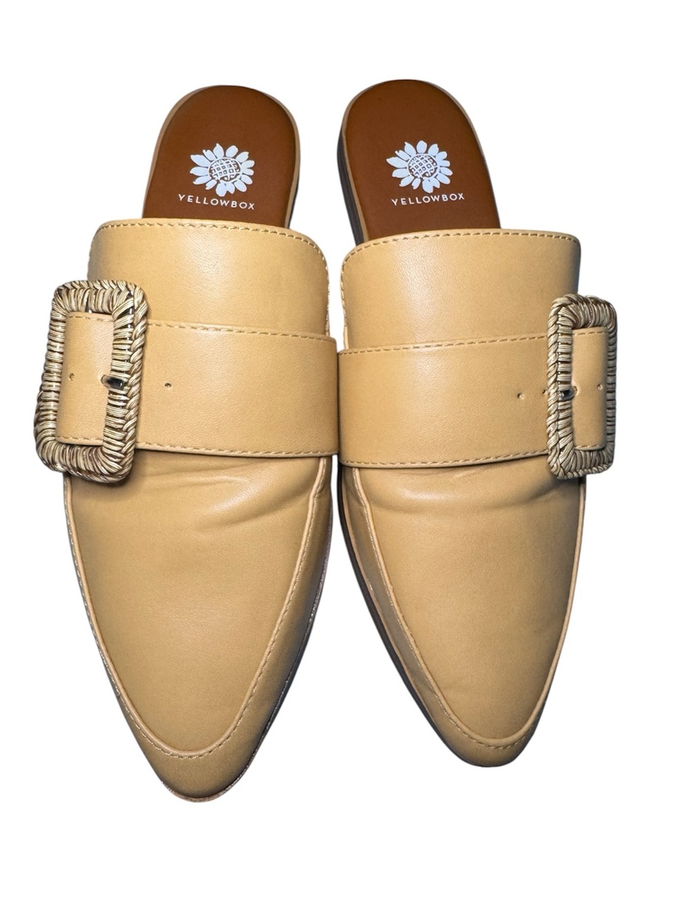 Yellow Box Beige Leather Buckle Slide Mules